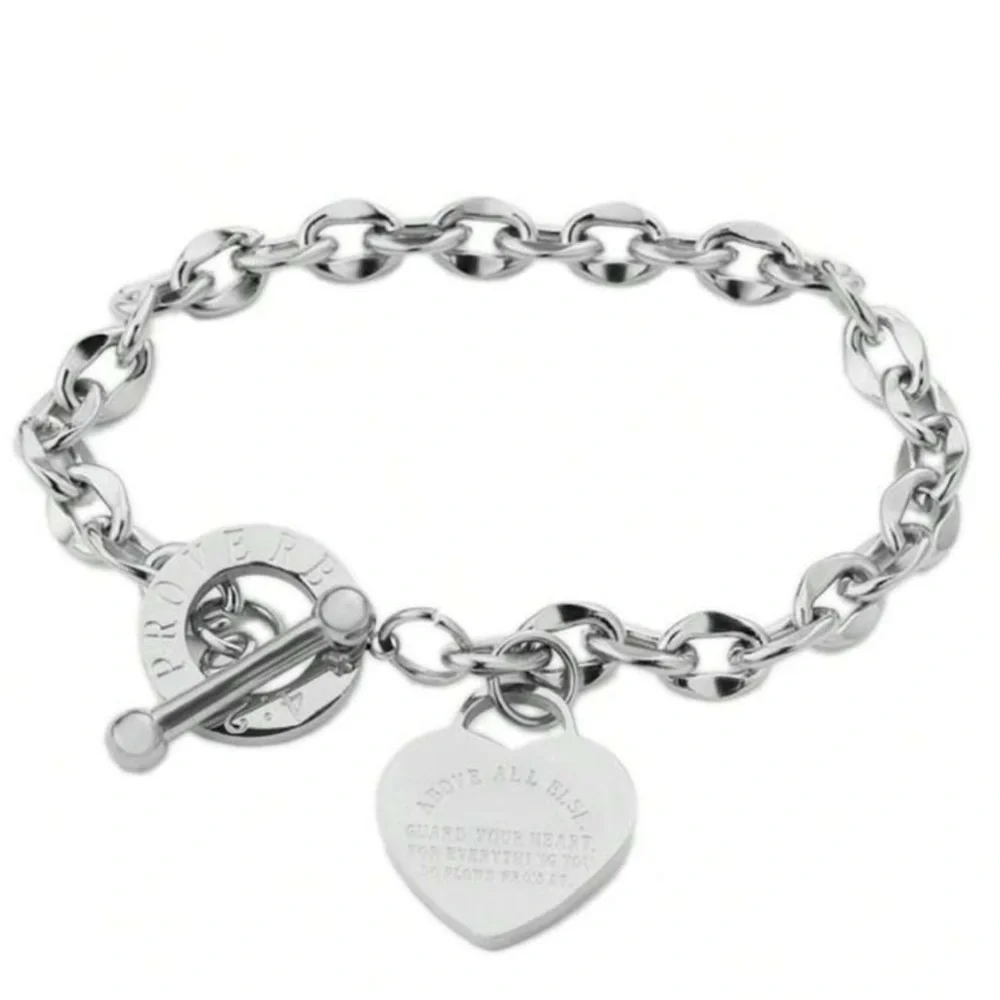 Silver Stainless Steel Chain Links Heart Charm Bracelet